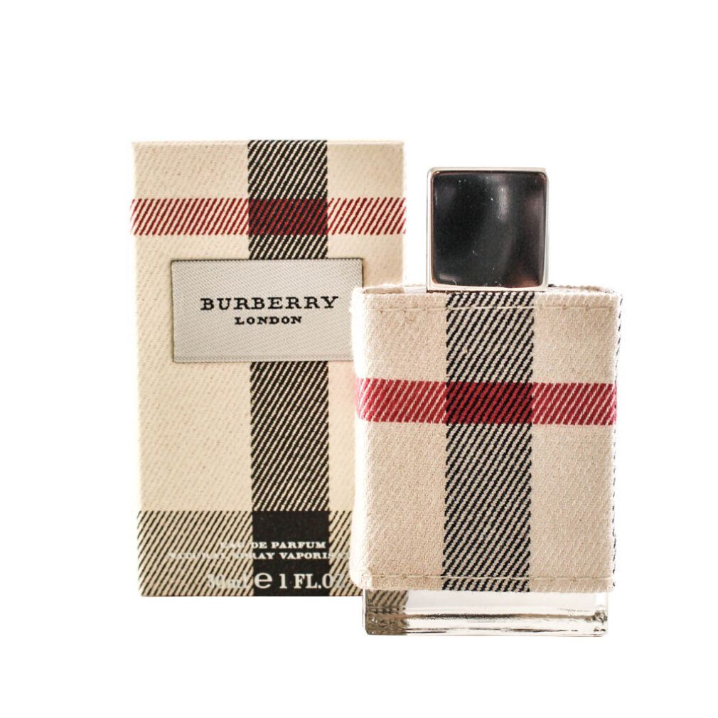 Burberry London for Her Eau de Parfum Spray und Verpackung. Karomuster. Flakon und Box. Schriftzug: Burberry London, Eau de Parfum.