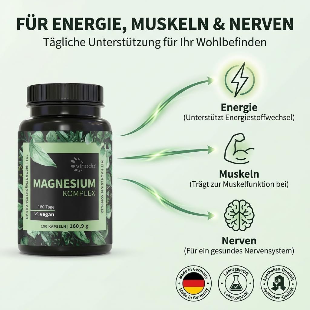 Magnesium Komplex hochdosiert, 5-in-1 Matrix, 668,7 mg Magnesium, 180 Kapseln, Made in DE von Vihado