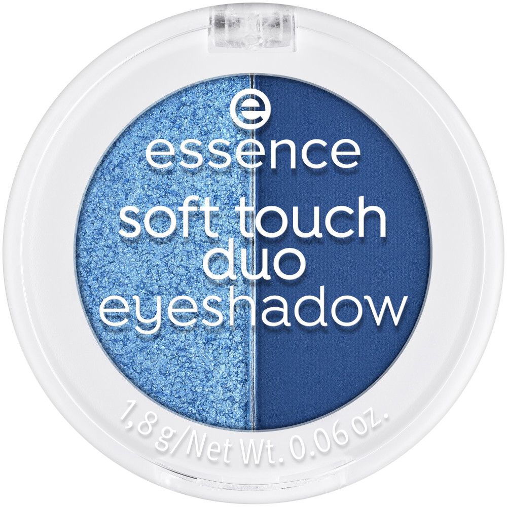 Runder, weißer Lidschatten-Behälter mit zwei blauen Farbtönen. Aufschrift: essence soft touch duo eyeshadow.