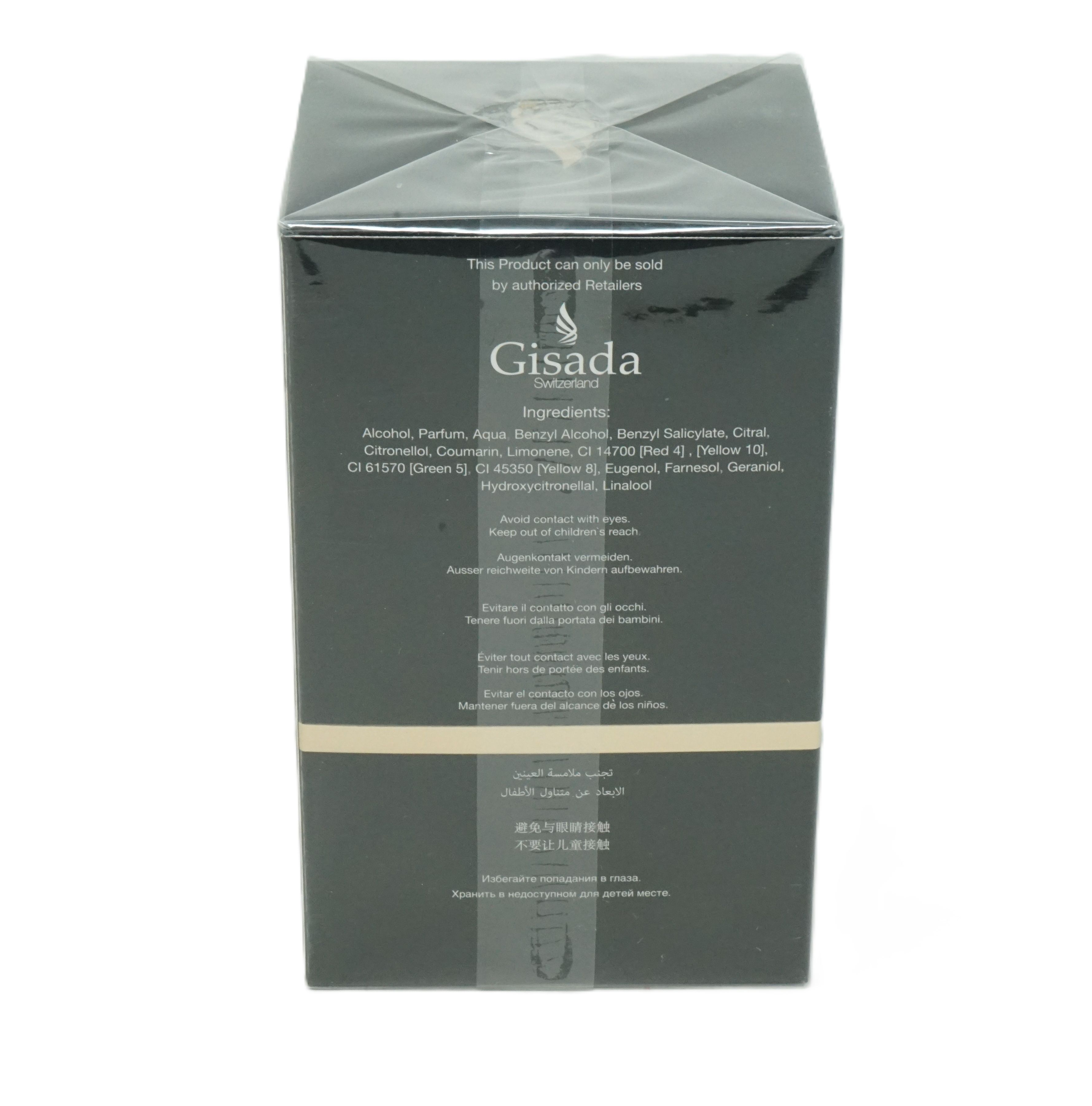 Rückseite einer schwarzen Verpackung mit Gisada-Logo und Inhaltsstoffen. Text in mehreren Sprachen.