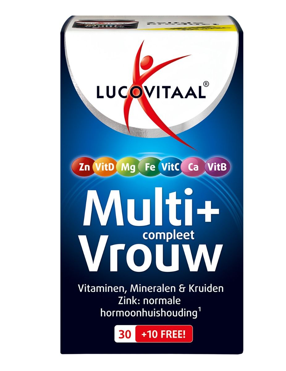 Blauwe Verpackung mit "Lucovitaal"-Logo und "Multi+ Vrouw"-Schriftzug. Enthält 30+10 Tabletten. Vitamine, Mineralien und Kräuter.