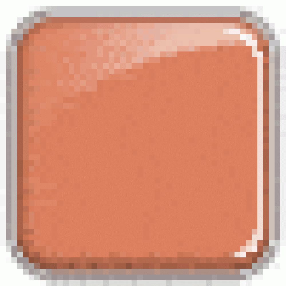 Quadratische, glänzende, orangefarbene Kosmetikprobe mit abgerundeten Ecken und silbernem Rand.