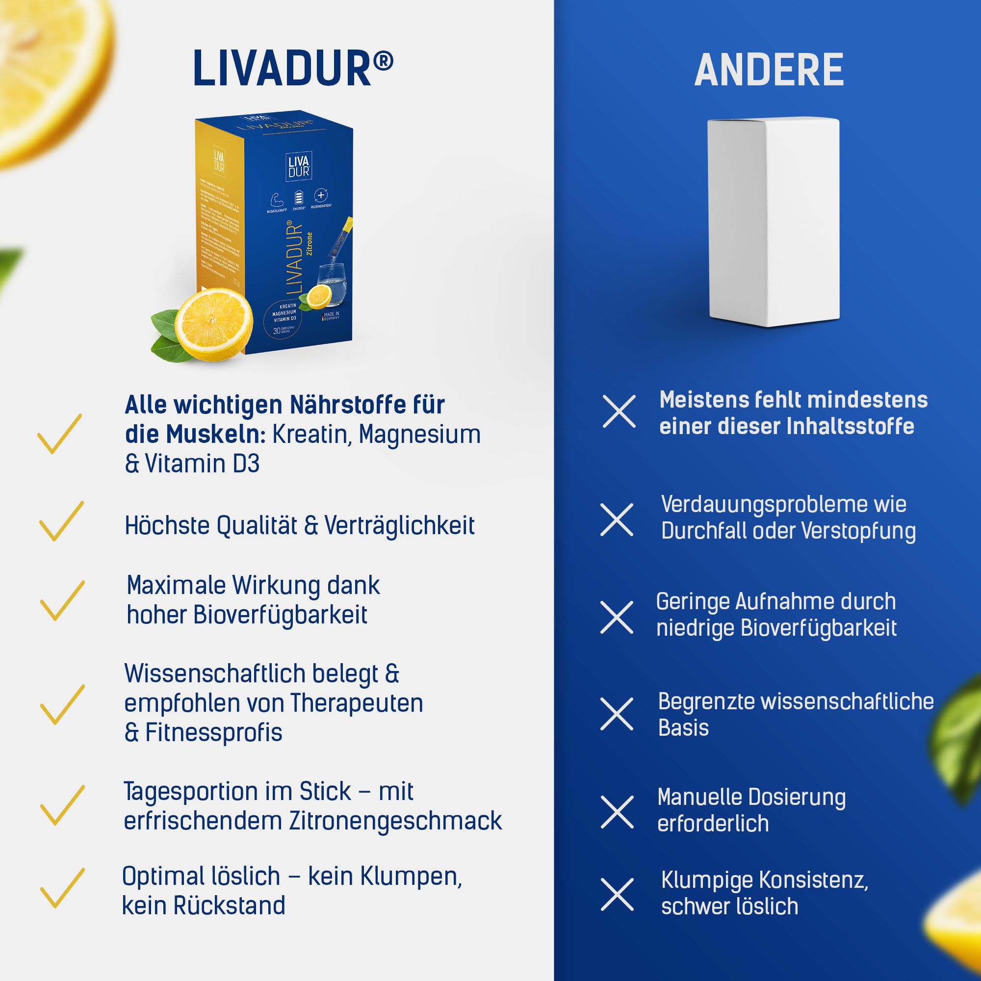 Karton LIVADUR® und Vergleich mit anderen Produkten. Text: Alle wichtigen Nährstoffe für die Muskeln.