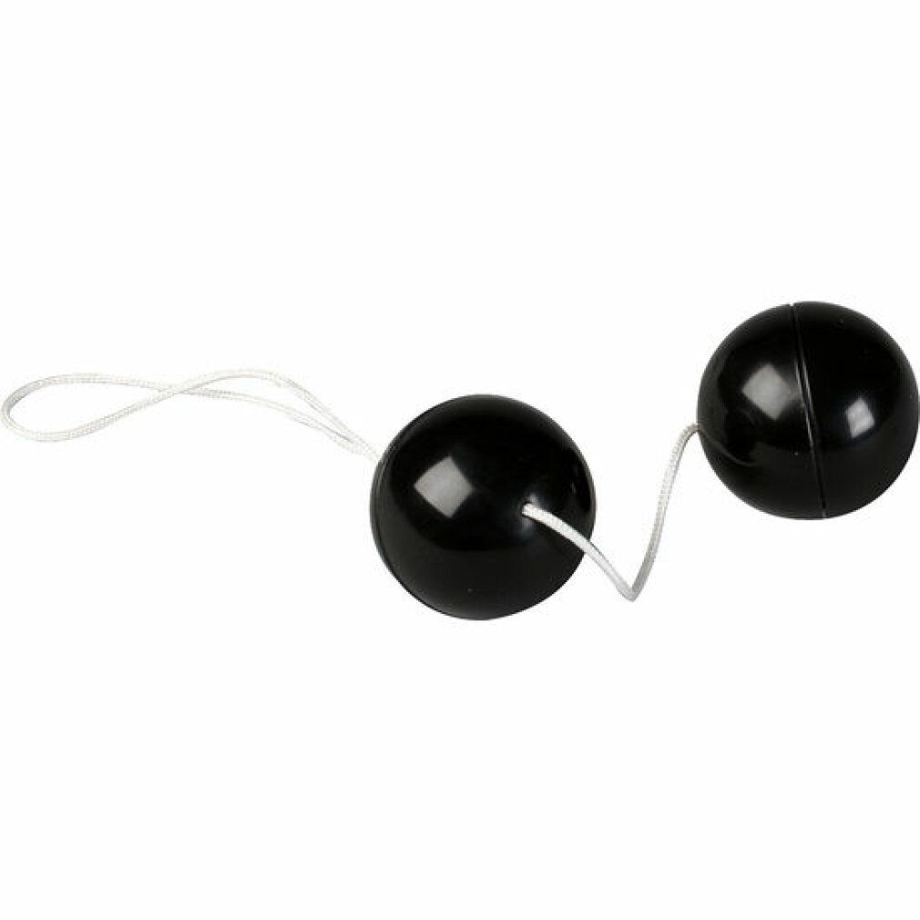 Zwei schwarze Kugeln mit weißer Schnur verbunden. Auf weißem Hintergrund.