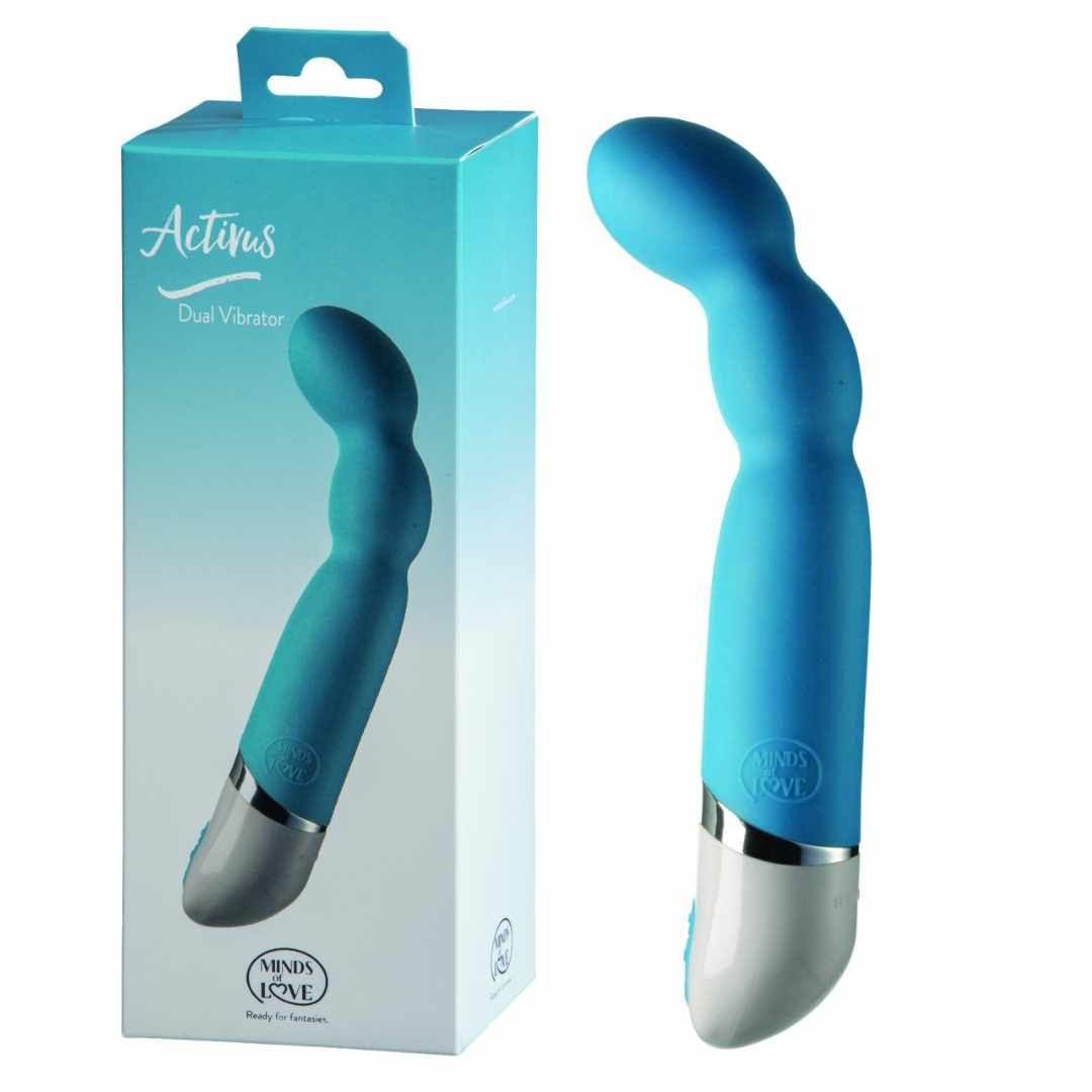 Blauer Vibrator neben Verpackung. Verpackung mit Produktabbildung, "Activus Dual Vibrator" und "MINDS of LOVE".