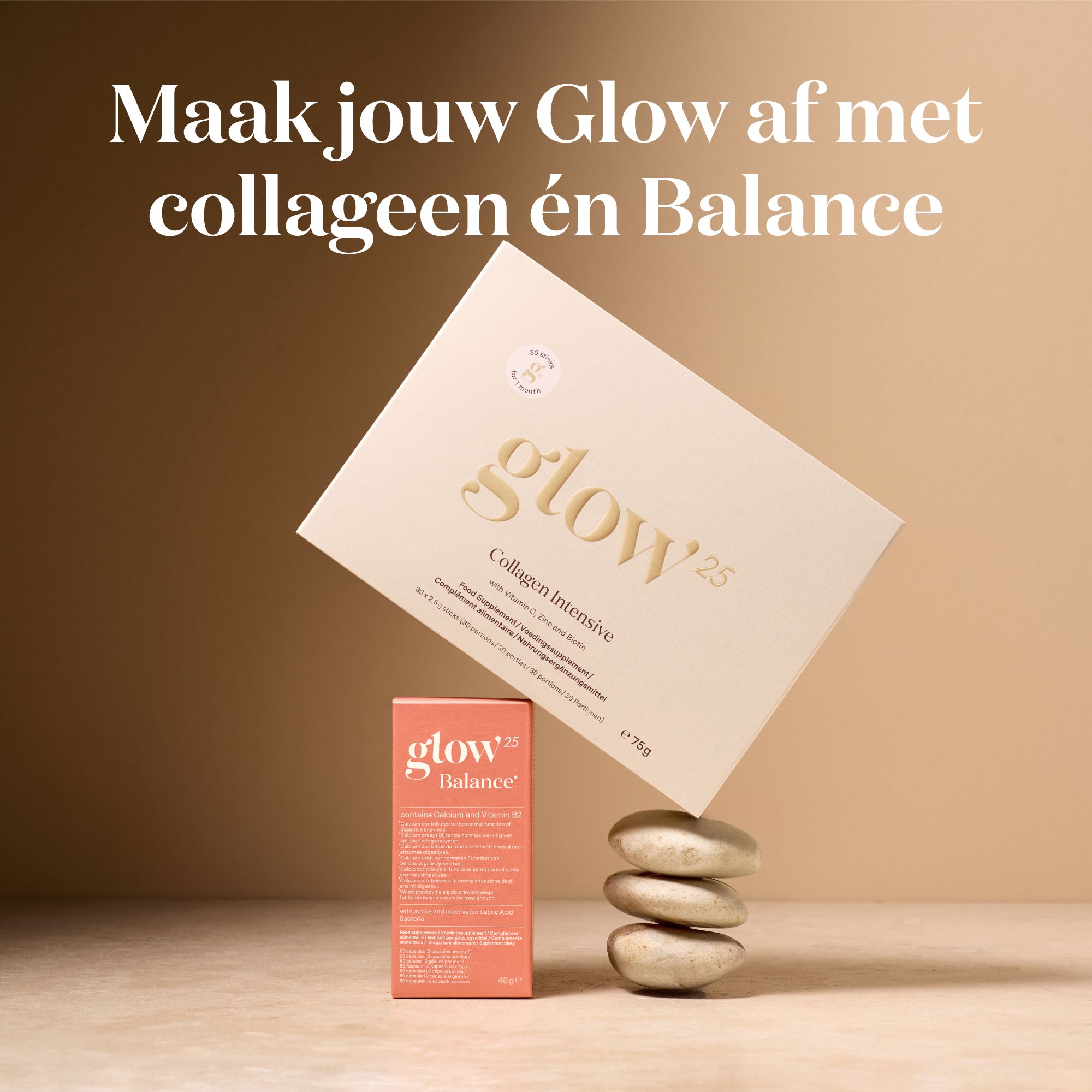Produktverpackung "glow25" und kleine Packung "Balance" schweben über Steinen.