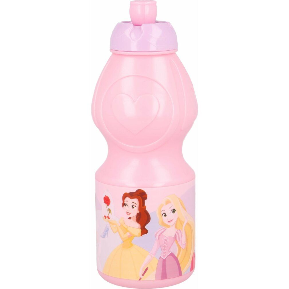 Rosa Sport-Wasserflasche mit Prinzessinnen-Motiv. Abgebildet sind Belle und Rapunzel. Flasche mit rosa Deckel.