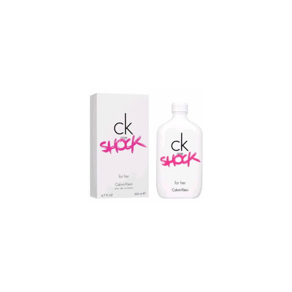 Weiße Verpackung und Flasche mit „ck one shock for her“ in Pink. „Calvin Klein“ und „eau de toilette“ sind sichtbar.