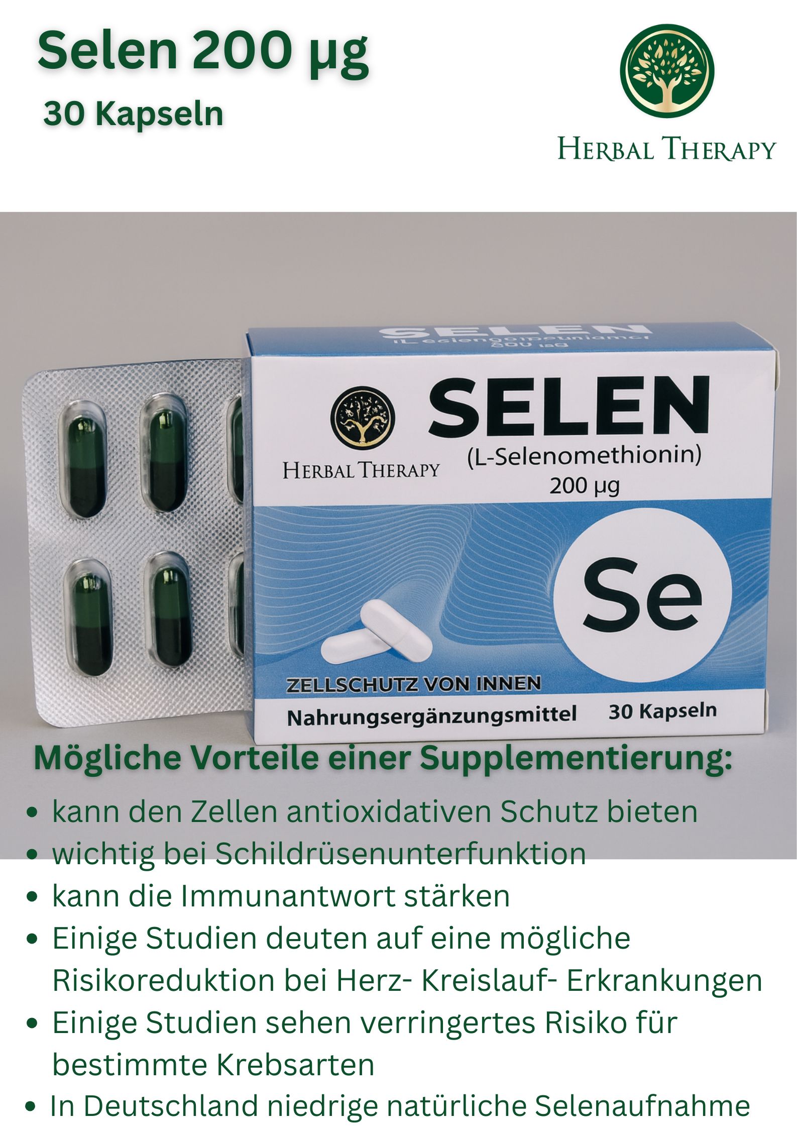 Produktabbildung mit SELEN (L-Selenomethionin) 200 μg. Blisterpackung und Schachtel. Text über Vorteile und Inhaltsstoffe.