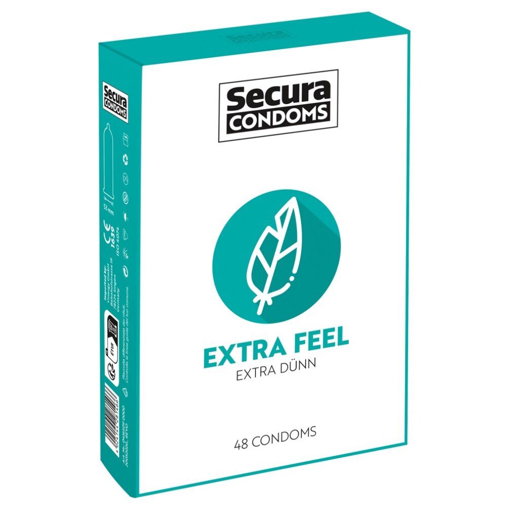 Schachtel mit Secura Condoms. Aufschrift: Extra Feel, Extra Dünn. 48 Kondome. Verpackung mit Produktinformationen.
