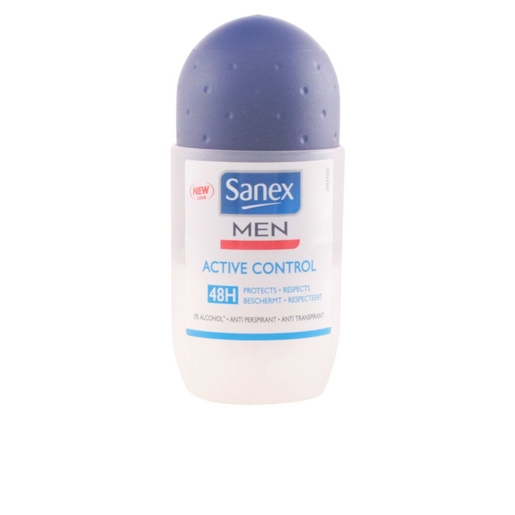 Sanex Men Active Control Roll-On. Weißes Gehäuse, blauer Deckel. Text: MEN, ACTIVE CONTROL, 48H. Anti-Transpirant.
