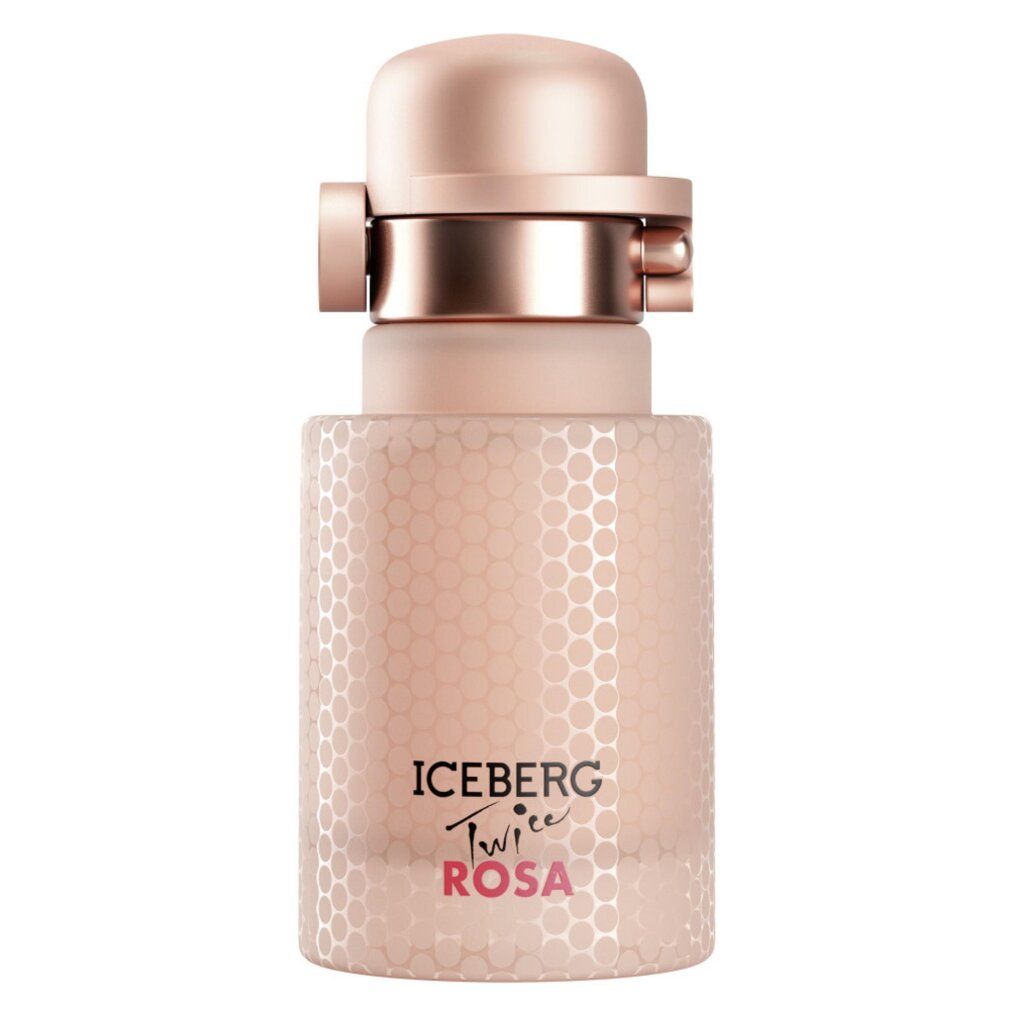 Rosa Eau de Toilette von Iceberg Twice. Rosa Flakon mit Sprühkopf. Aufschrift: ICEBERG Twice ROSA. Sechseckmuster auf dem Flakon.