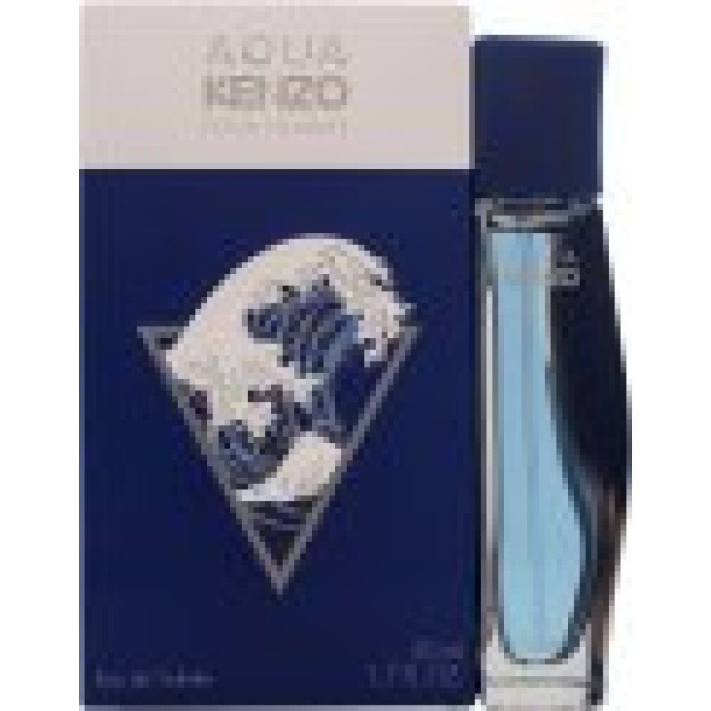 Kenzo Aqua Pour Homme Eau De Toilette Spray und Verpackung. Blaue Verpackung mit Wellenmotiv und Produktname.