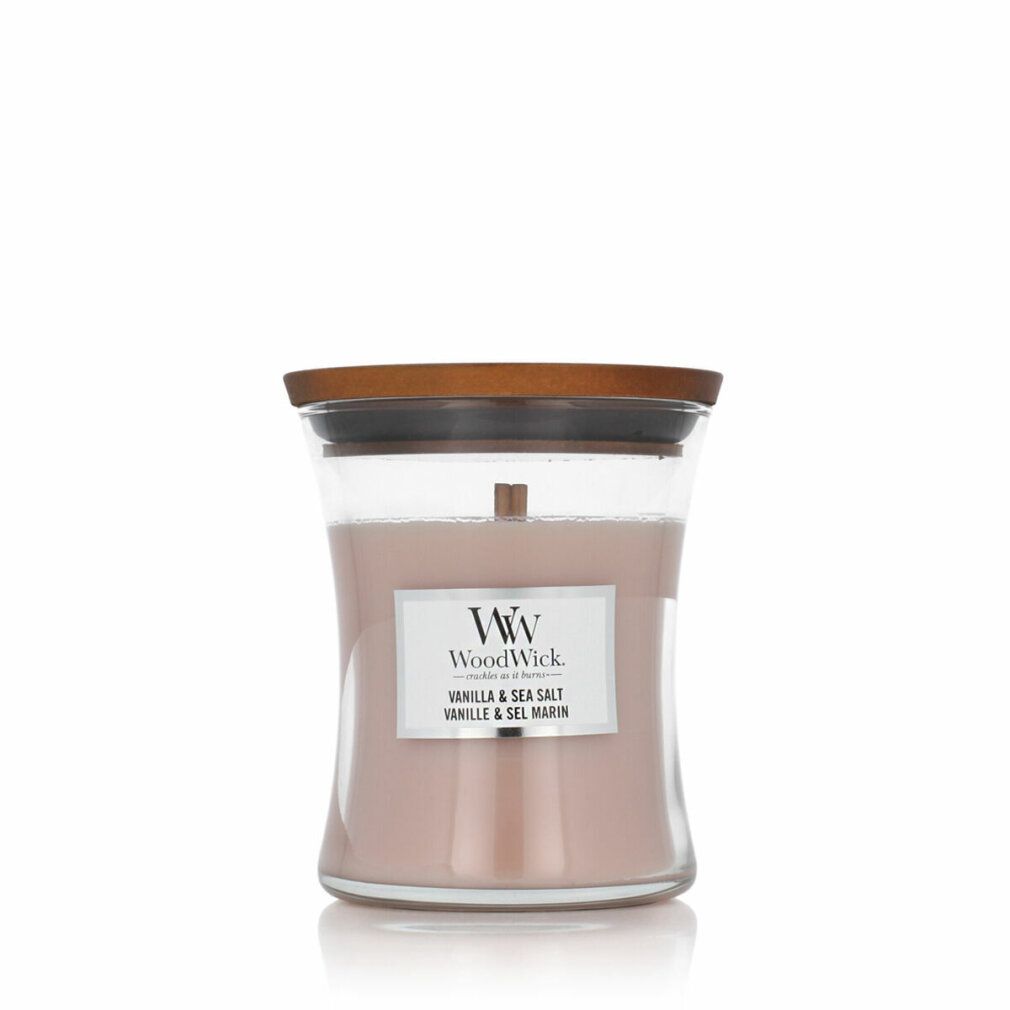 Sanduhrförmige Kerze mit Deckel. Aufkleber mit "WoodWick" und "Vanilla & Sea Salt".