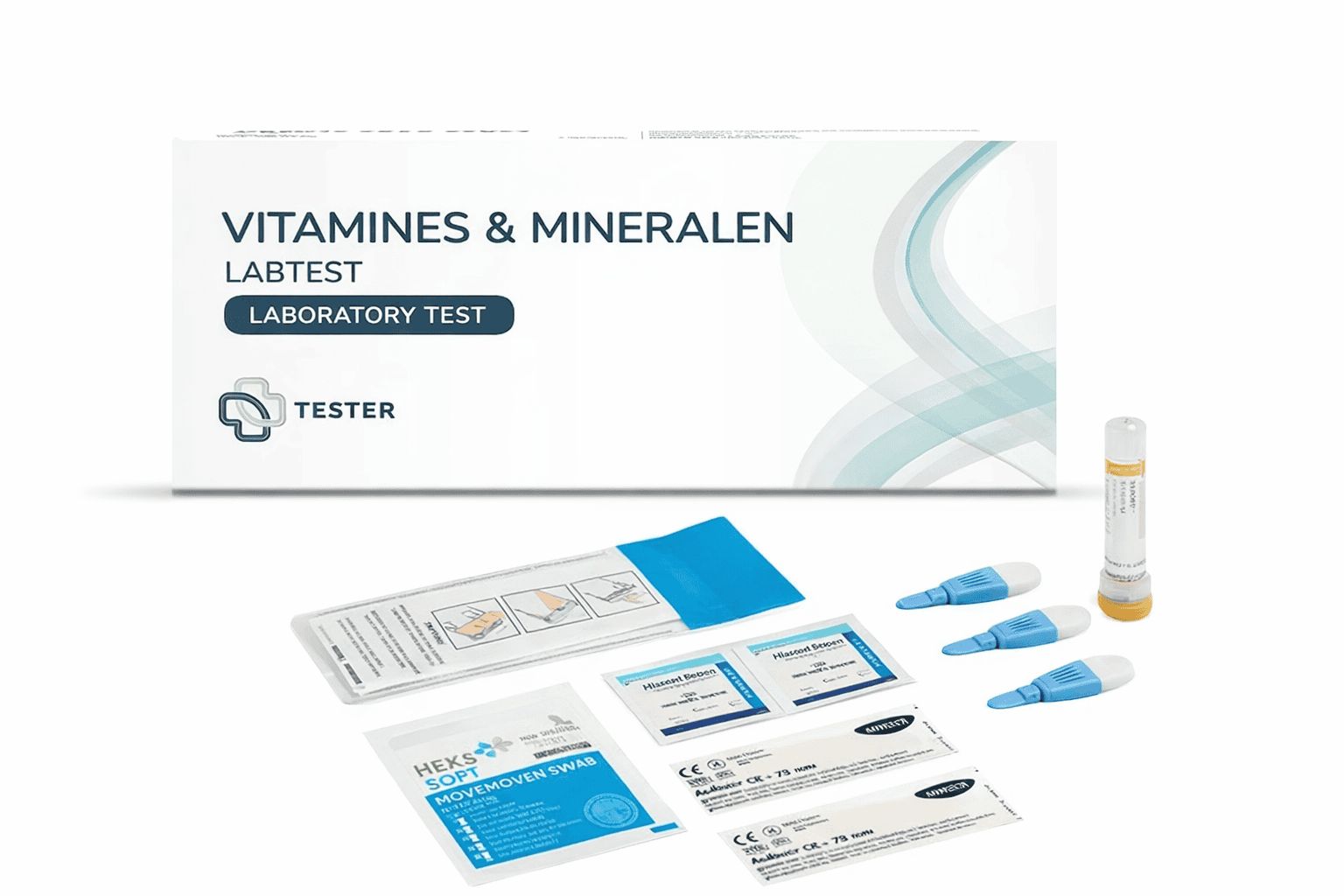 Vitamine & Mineralien Labortest-Kit: Geöffnete Verpackung mit Teströhrchen, Lanzetten und Tupfern.