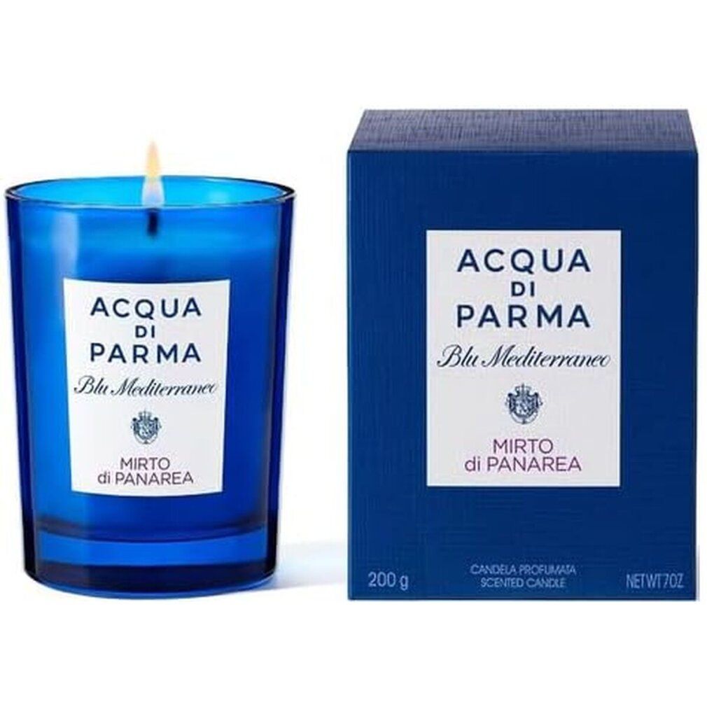 Blaue Duftkerze und Schachtel. Aufschrift: Acqua di Parma Blu Mediterraneo Mirto di Panarea. 200 g, Net WT 7oz.