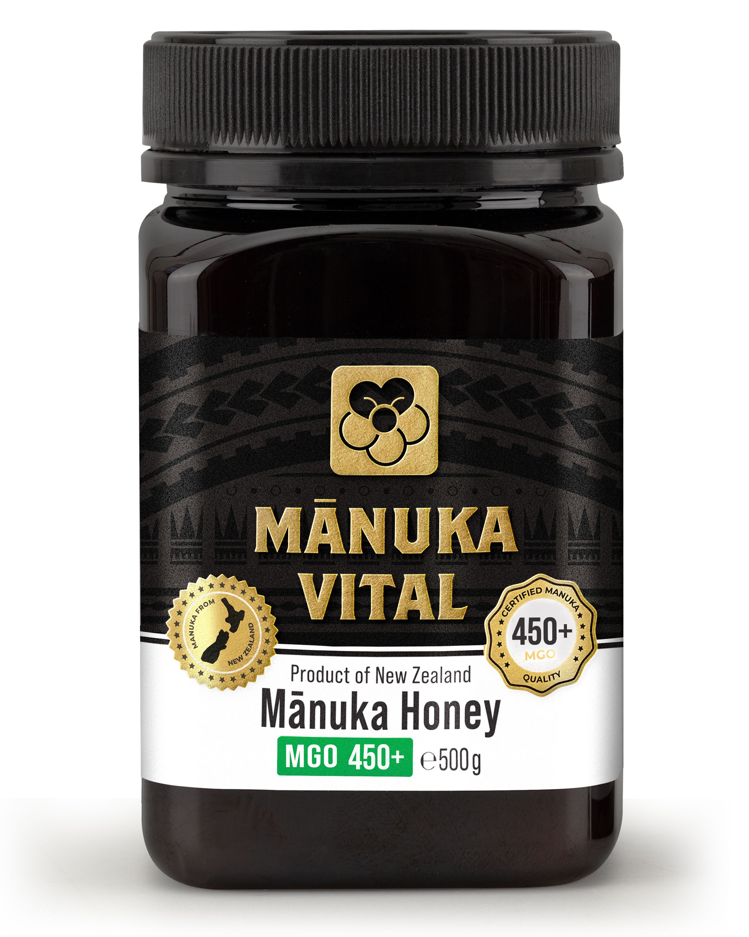 Schwarzes Glas mit Honig. Etikett mit Logo, Schriftzug MĀNUKA VITAL, MGO 450+ und Zertifizierungen. Produkt aus Neuseeland.