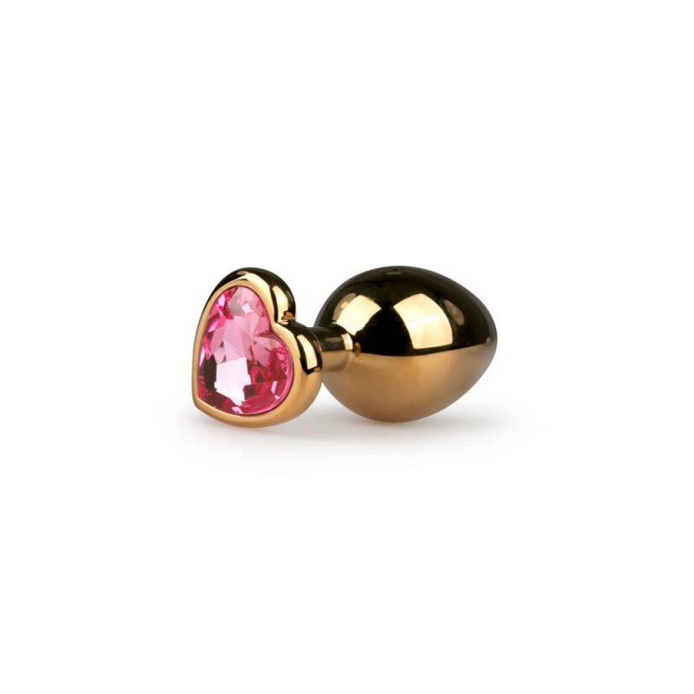 Goldener Analplug mit Herz-Zierstein in Rosa.