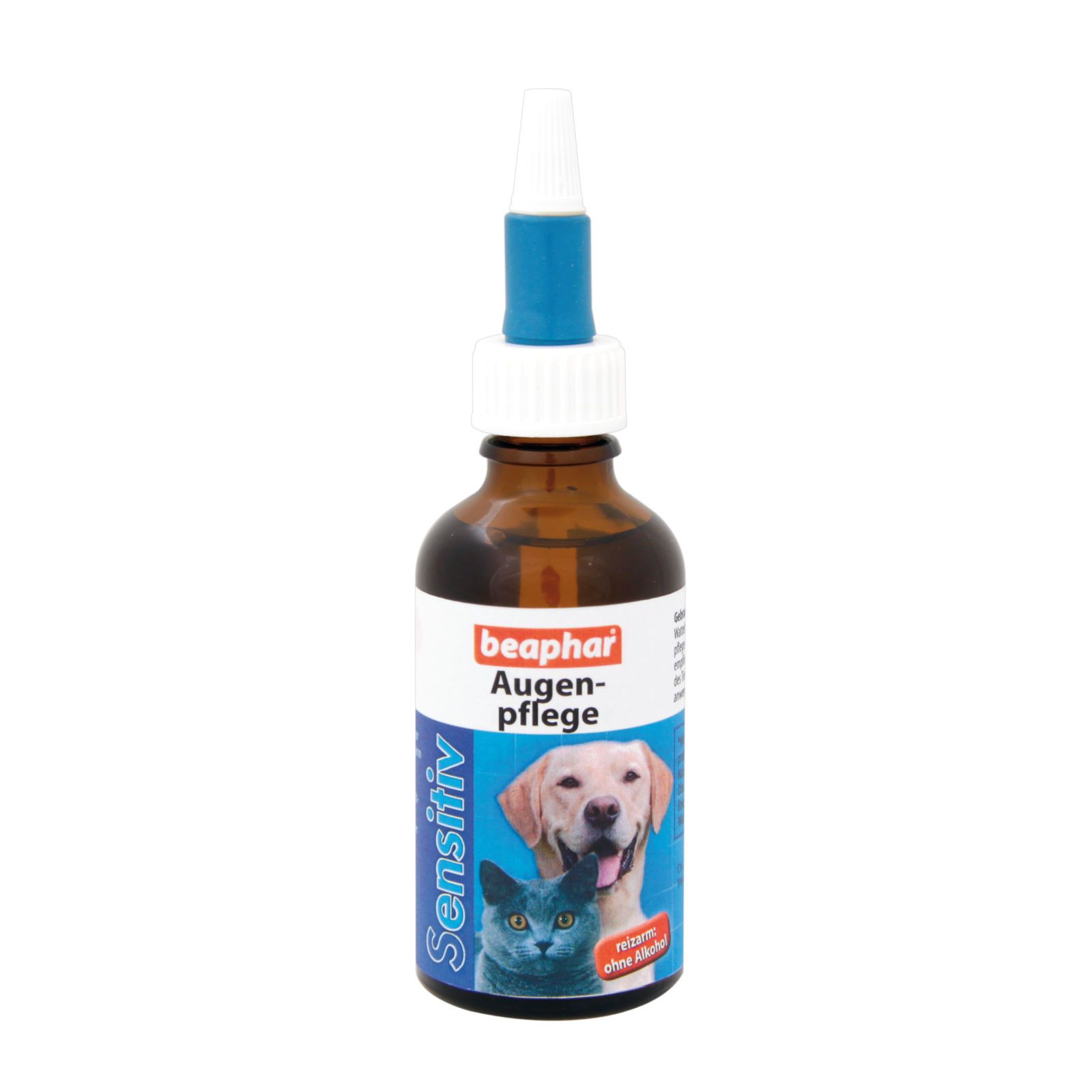 Braune Flasche mit weißem Verschluss und blauer Spitze. Etikett mit Produktname, Marke Beaphar, Abbildung von Hund und Katze.