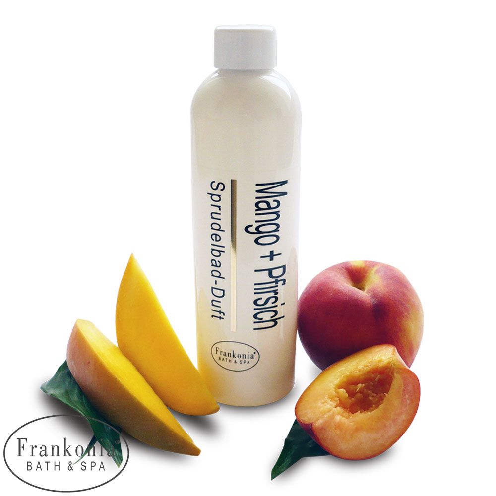 Frankonia Bath & Spa Bain Moussant Concentré de Parfum Mangue Pêche 2. Une bouteille blanche avec un bouchon blanc, étiquetée "Mango + Pfirsich" et "Sprudelbad-Duft". Des morceaux de mangue et de pêche sont à côté. Le logo Frankonia Bath & Spa est également visible.