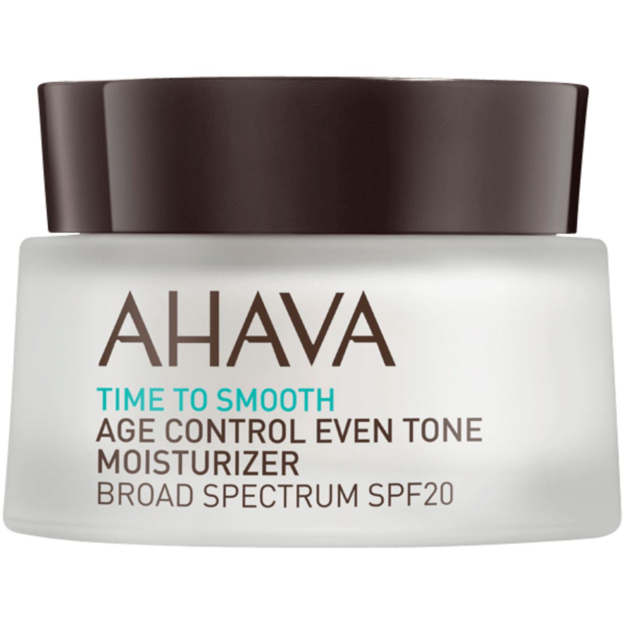 Cremebehälter mit Deckel. Aufschrift: AHAVA, TIME TO SMOOTH, AGE CONTROL EVEN TONE MOISTURIZER, BROAD SPECTRUM SPF20.