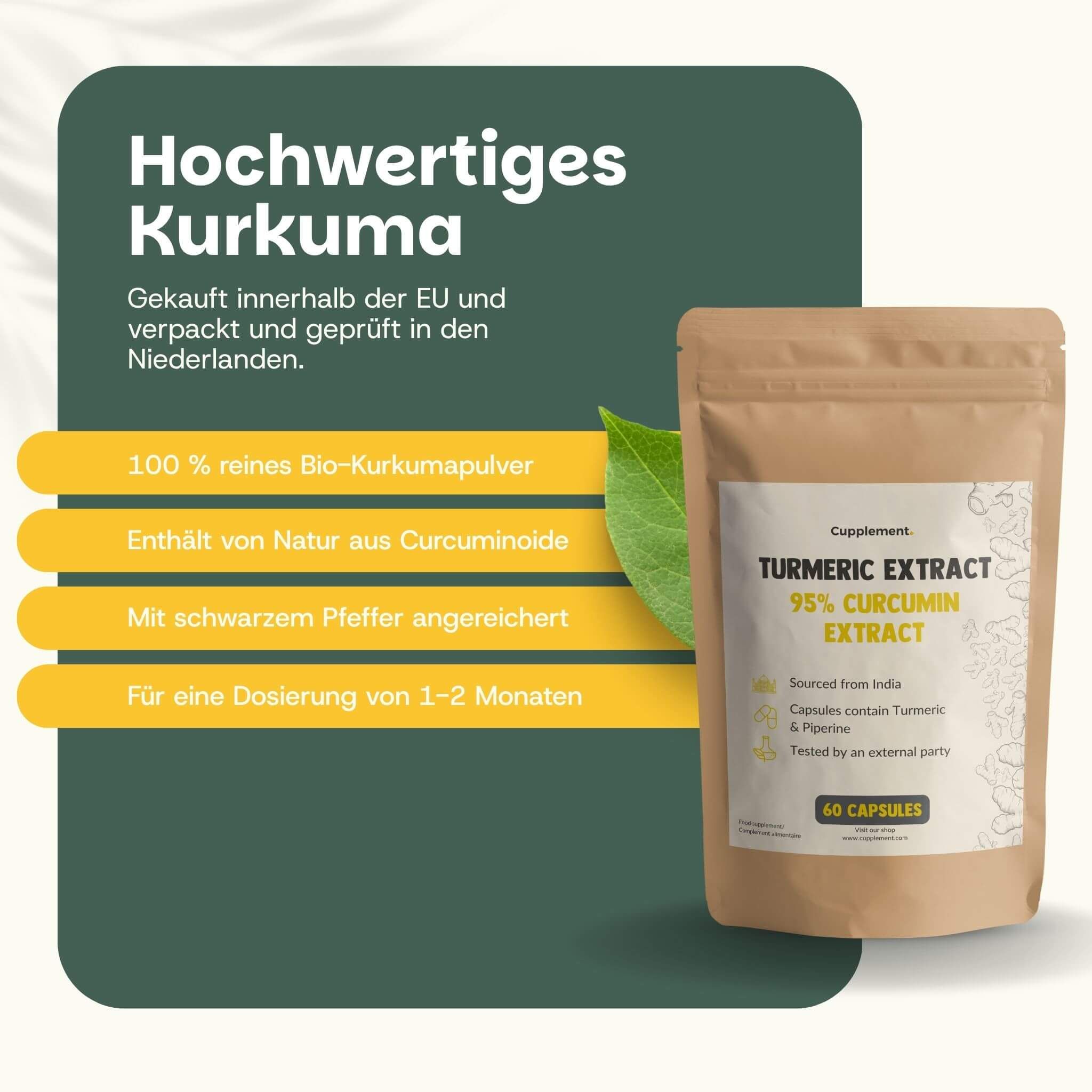 Beutel mit Kapseln. Text: Hochwertiges Kurkuma. 100% reines Bio-Kurkumapulver. Mit schwarzem Pfeffer angereichert.