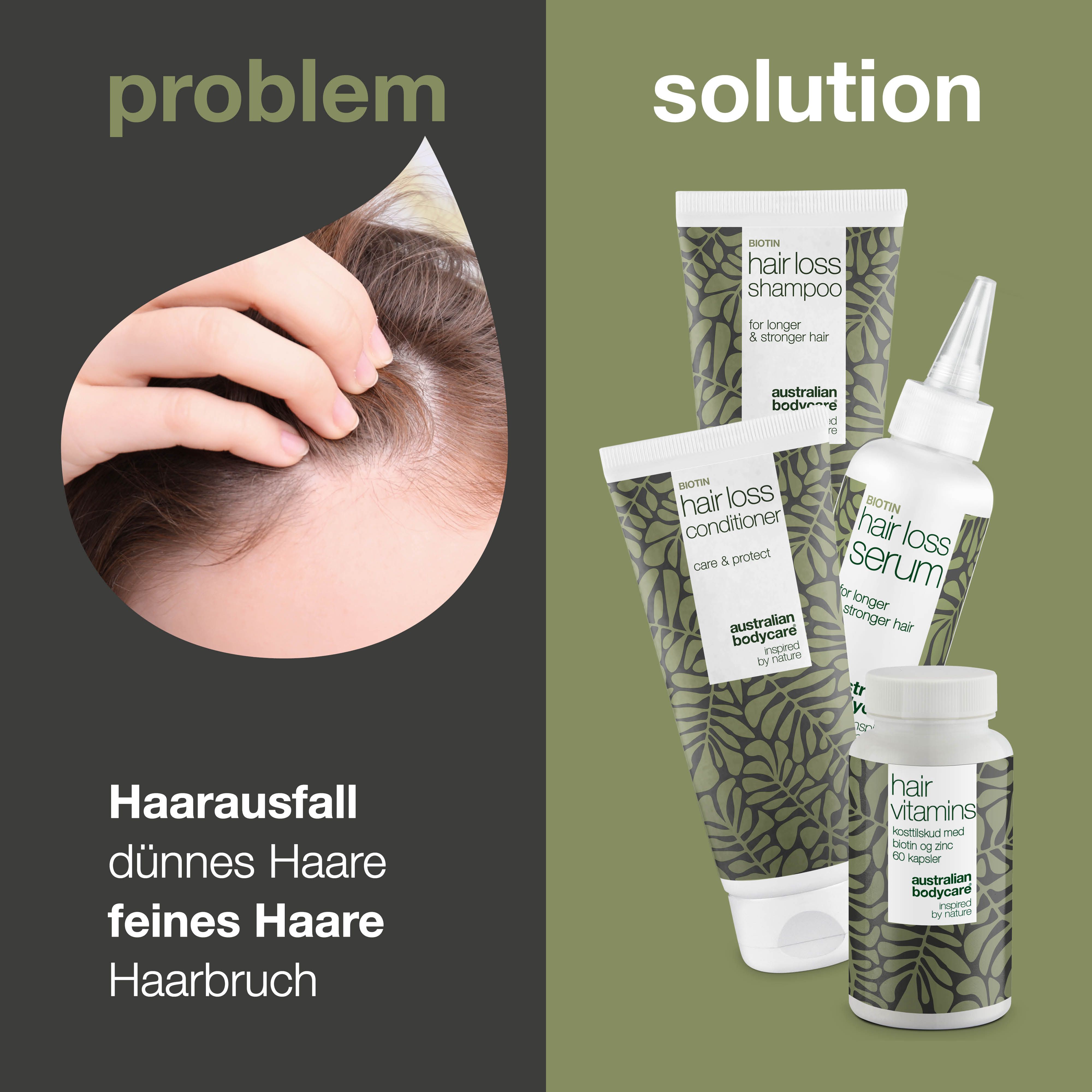 Problem: Haarausfall, dünnes Haar, feines Haar, Haarbruch. Lösung: Produkte von Australian Bodycare.