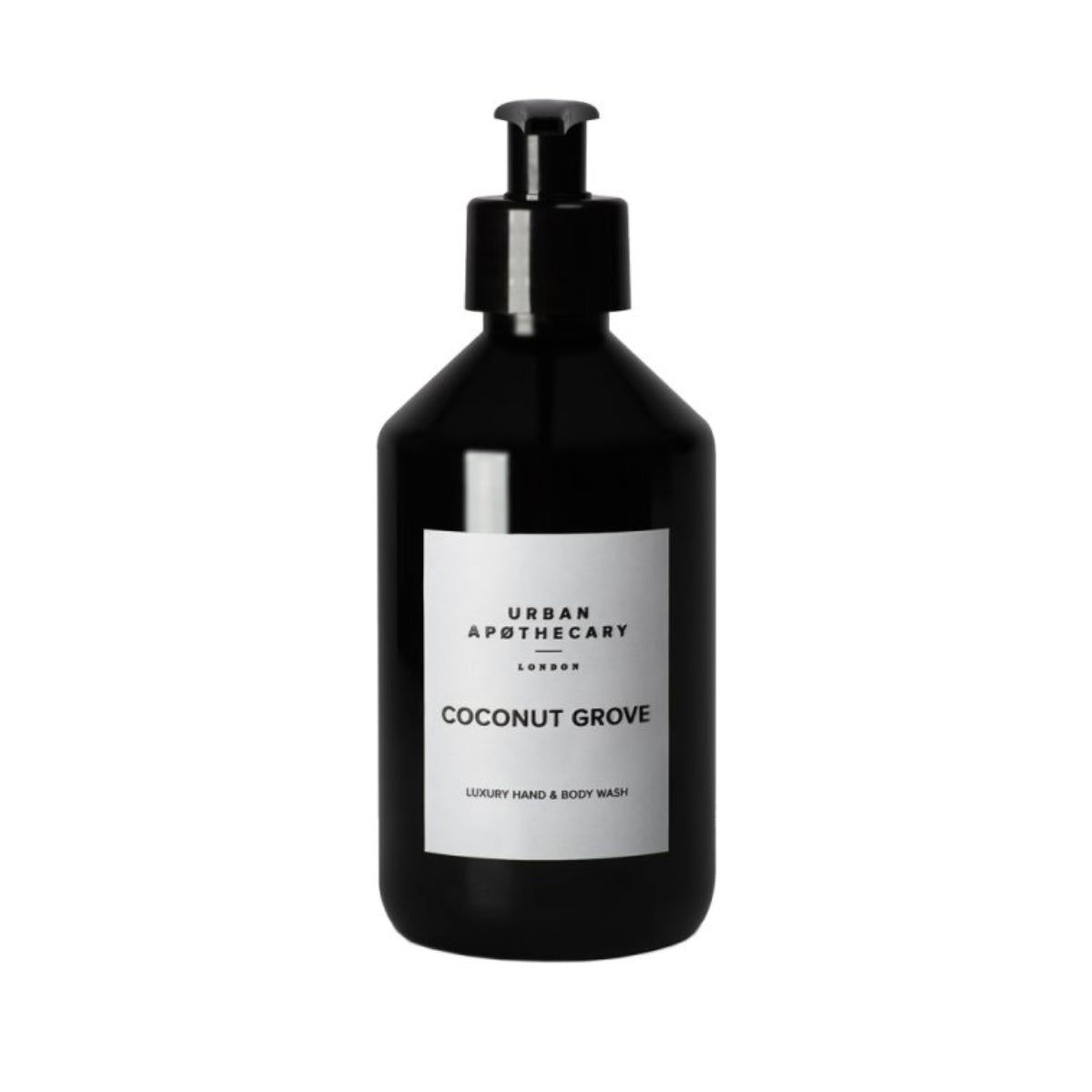 Schwarze Flasche mit Pumpe. Aufkleber mit "Urban Apothecary London" und "Coconut Grove". Luxus Hand & Body Wash.