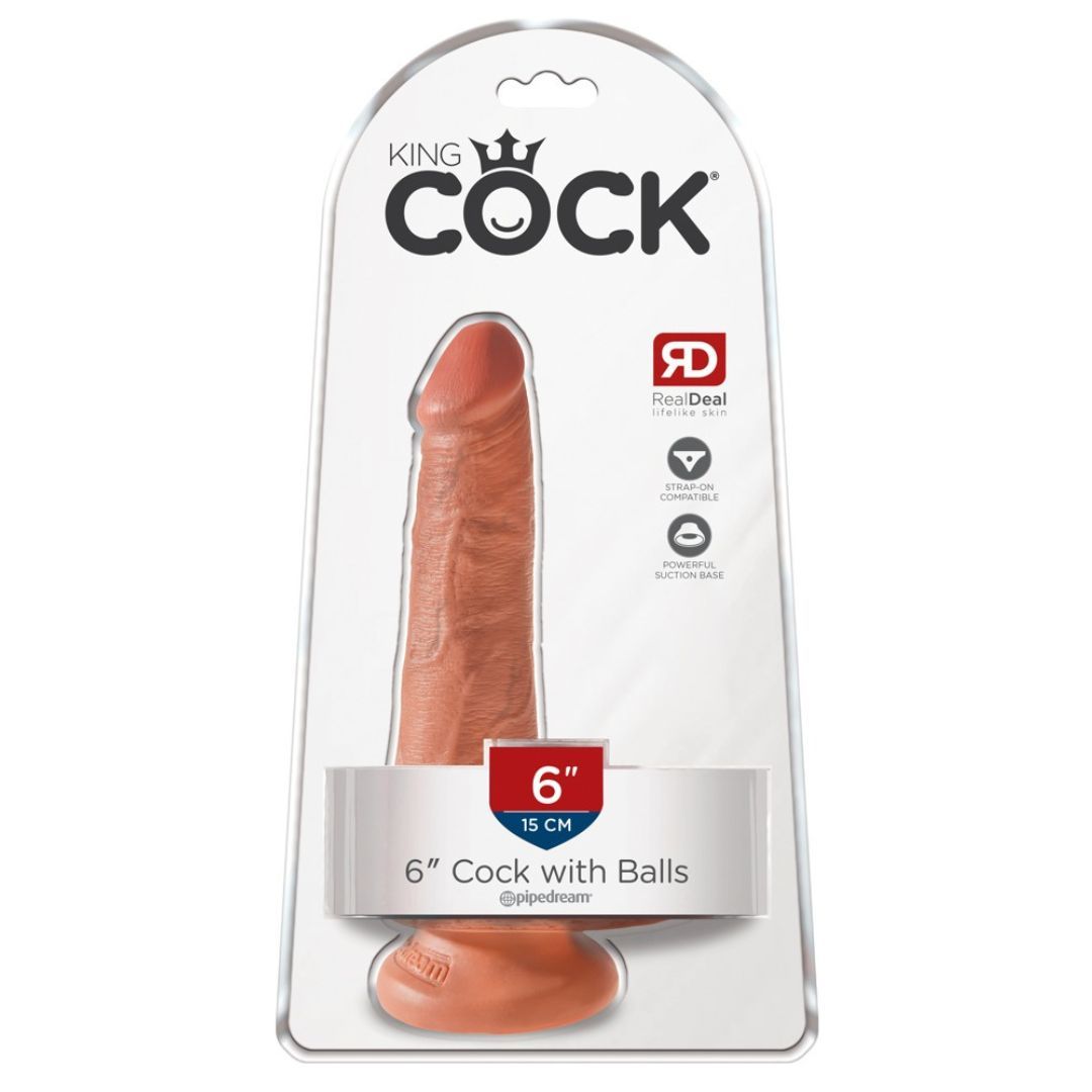 Dildo, 6 Zoll, in Blisterverpackung. Marke King Cock. Mit Hoden. Material und Farbe: Hautfarbenes Silikon.