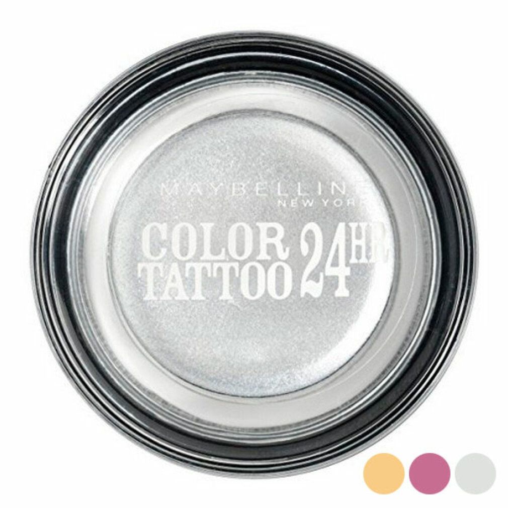 Maybelline New York Color Tattoo 24h Lidschatten in Dose. Weißer Lidschatten mit silberner Schrift. Deckel mit Produktinformationen.