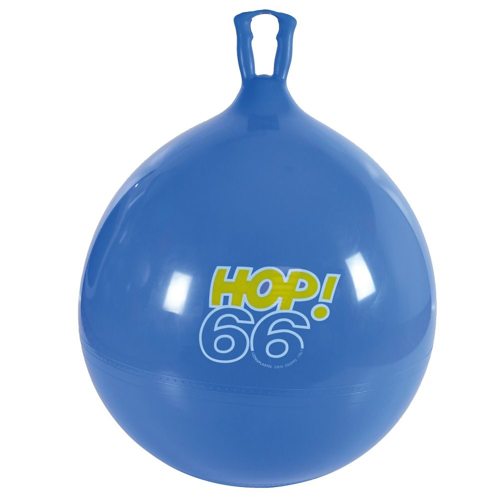 Blauer Gymnic Hüpfball HOP! 66 mit Griff. Logo HOP! 66. Auf weißem Hintergrund.