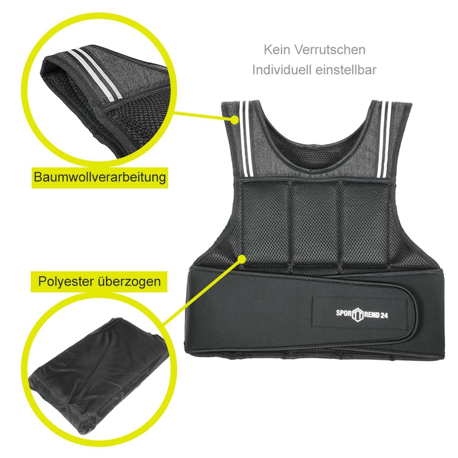 Gewichtsweste mit Text-Hinweisen: Baumwollverarbeitung, Polyester überzogen, kein Verrutschen, individuell einstellbar.