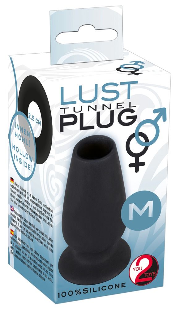 Schwarzer Lust Tunnel Plug in Verpackung. Aufschrift: LUST TUNNEL PLUG, 100% SILICONE, M. Marke: You2Toys.