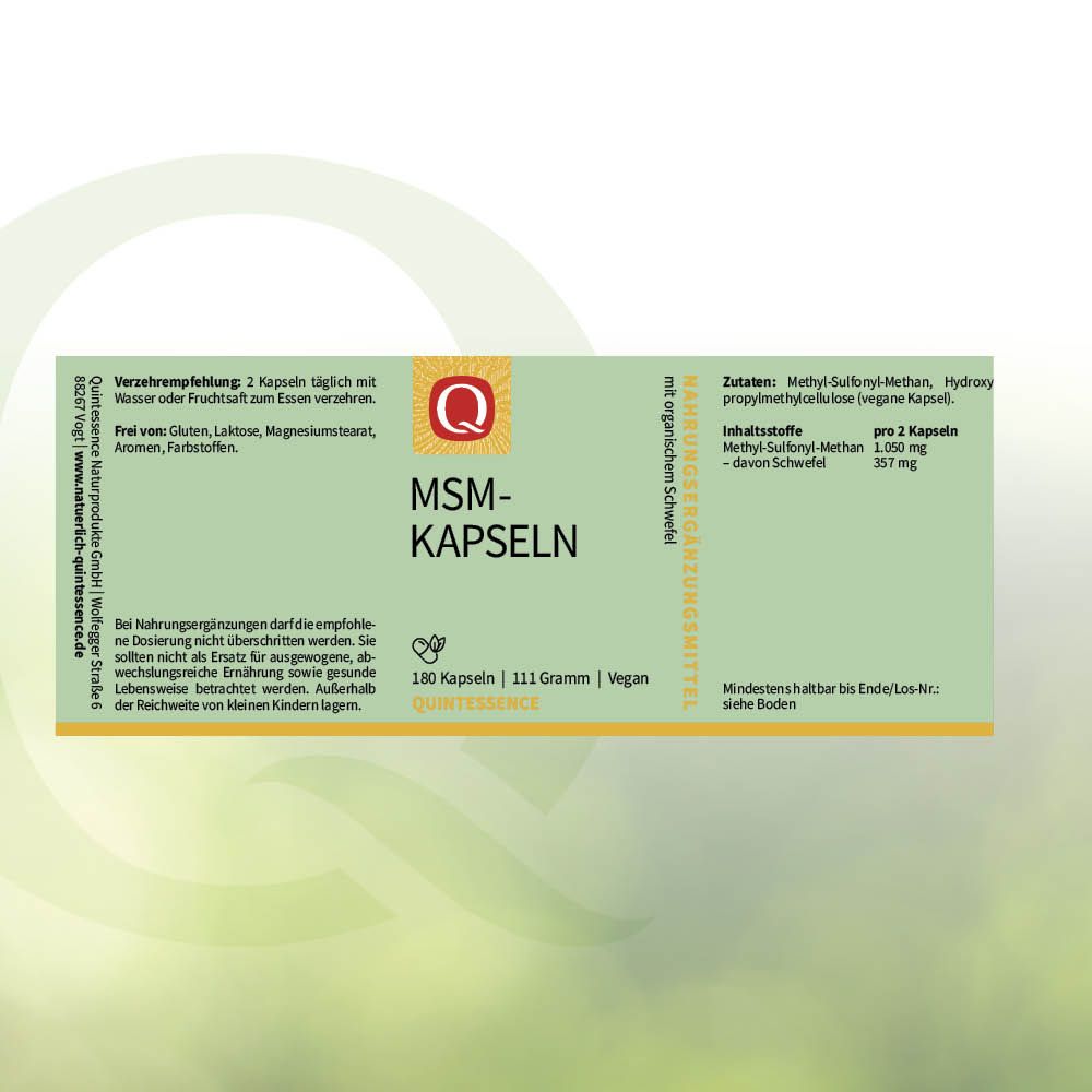 Verpackung von Quintessence MSM-Kapseln: 100 Kapseln, 111 Gramm, vegan, mit Zutatenliste.