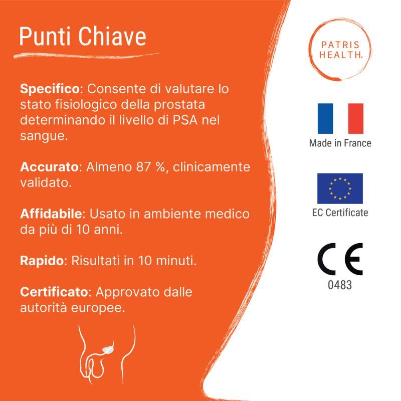 Informazioni sul test Patris Health® Prostata-PSA. Testo con fatti, loghi e certificazioni.