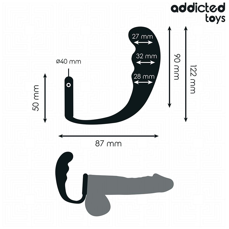 Diagramm des Analplugs mit Hodenring. Abmessungen in mm. Marke: Addicted Toys.