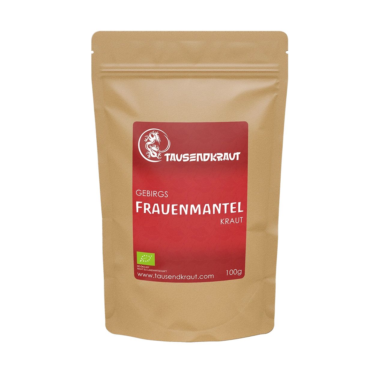 Braune Standbodenbeutel mit rotem Etikett. Aufschrift: Gebirgs Frauenmantel Kraut. Logo: Tausendkraut. Bio-Siegel. 100g.