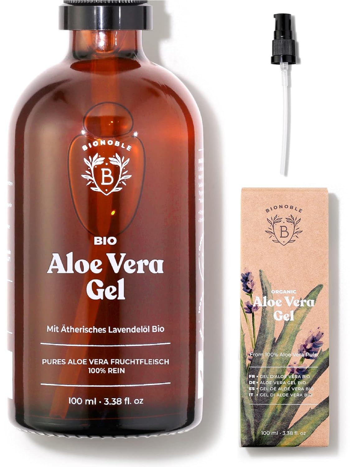 Bionoble Bio Aloe Vera Gel in brauner Glasflasche und Kartonverpackung. Produkt und Pumpe separat.