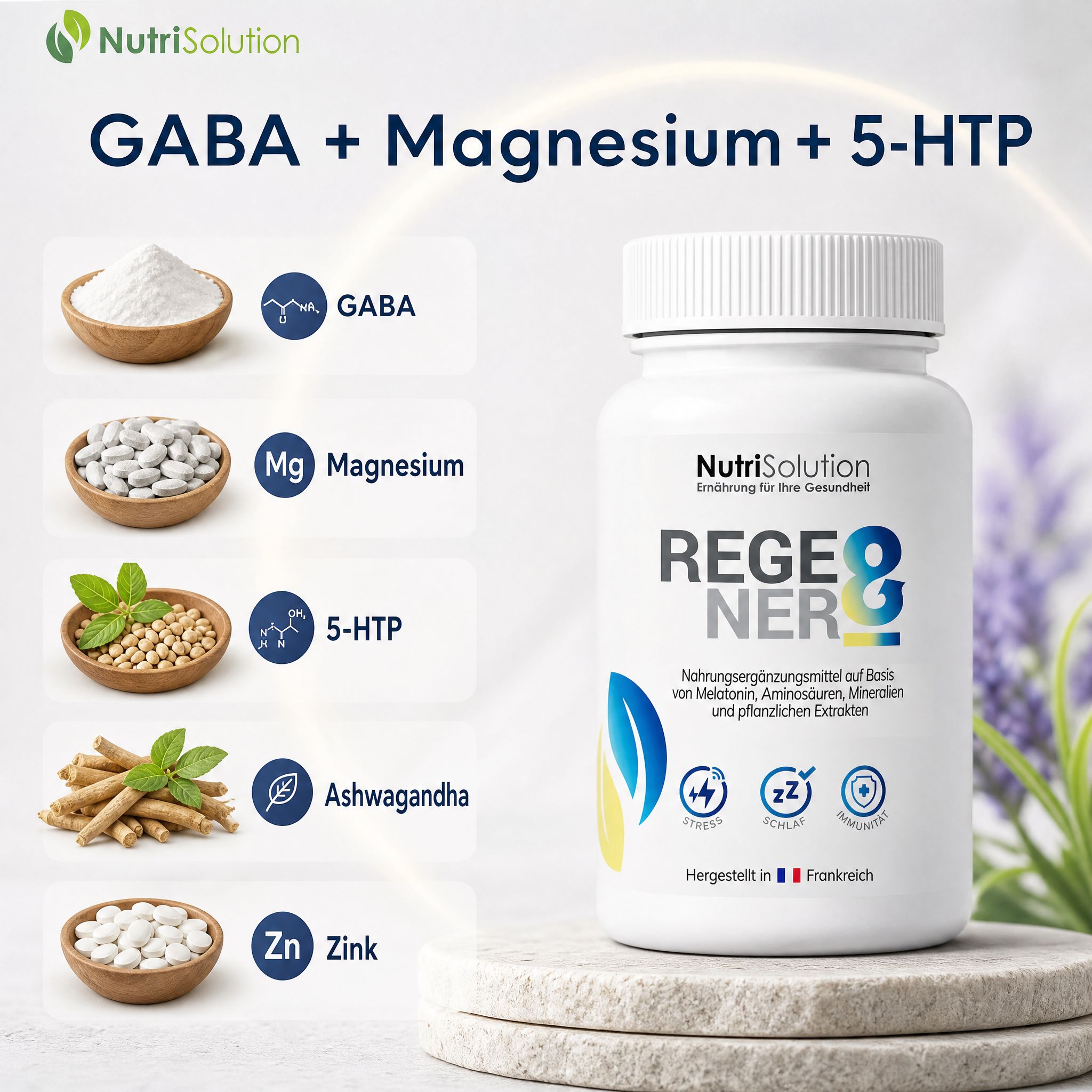 NutriSolution Regener-8 Flasche mit Zutaten wie GABA und Magnesium.