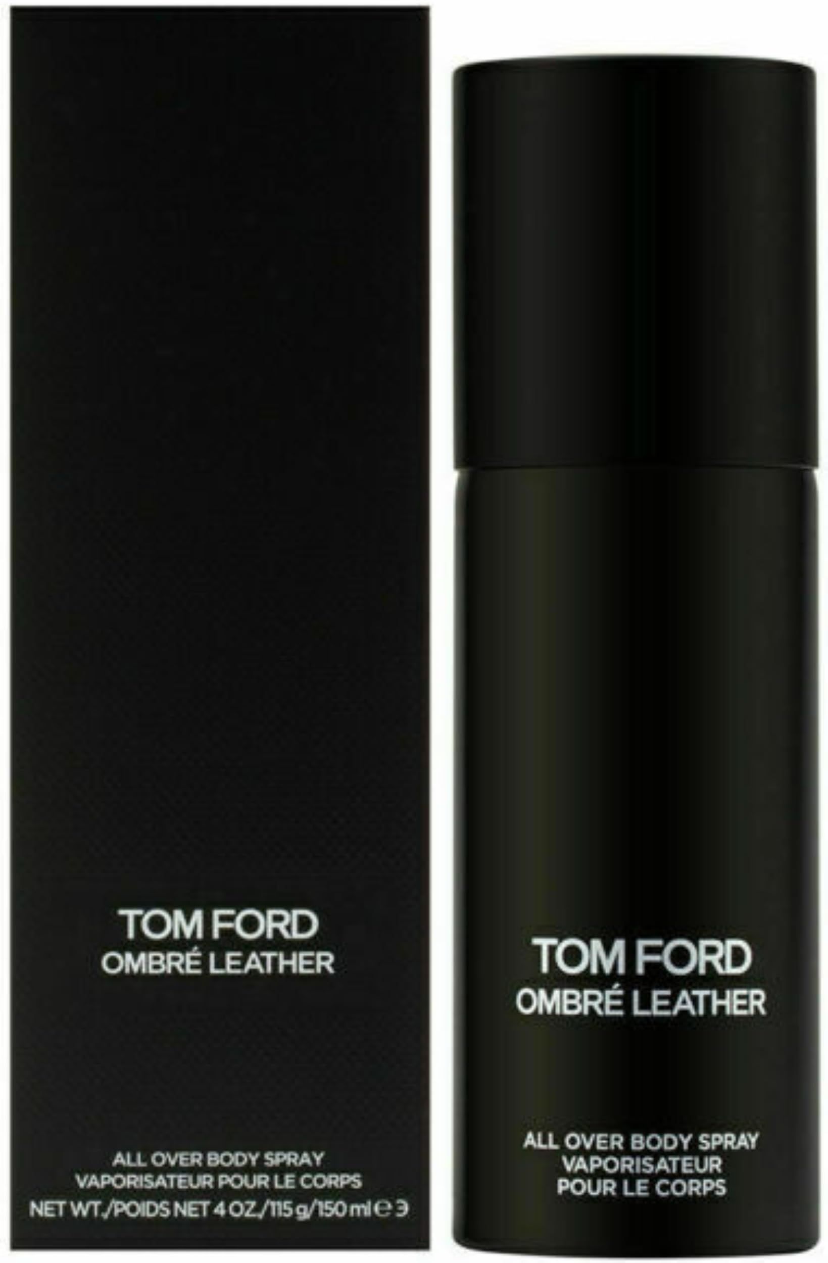 Schwarze Sprühflasche und Verpackung mit Text: TOM FORD OMBRÉ LEATHER. ALL OVER BODY SPRAY. VAPORISATEUR POUR LE CORPS.