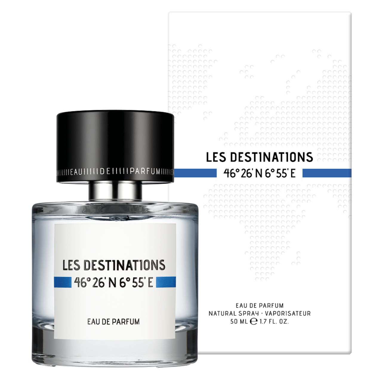 Glasflakon mit schwarzem Deckel und weißer Verpackung. Aufschrift: Les Destinations, 46°26'N 6°55'E, Eau de Parfum.