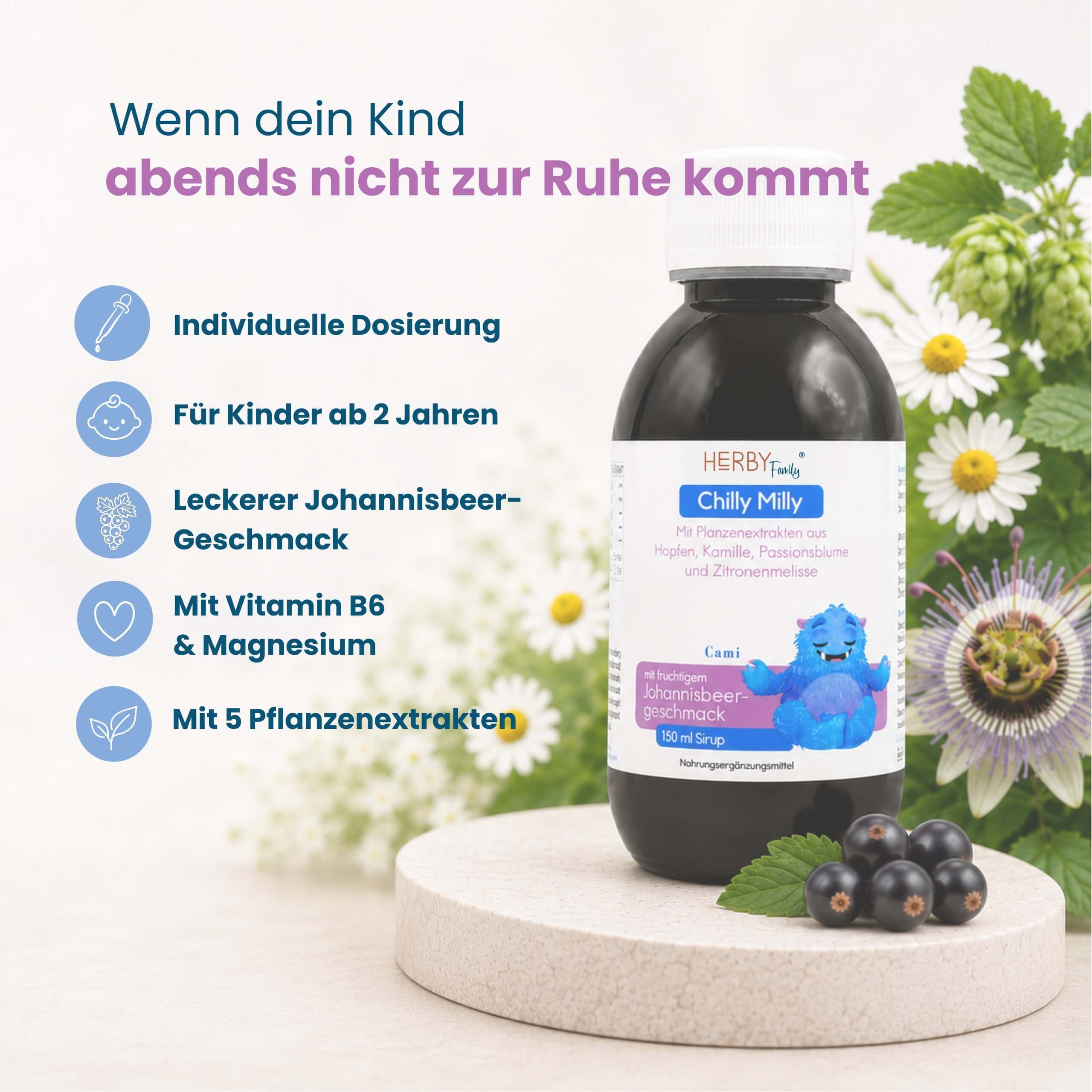 Flasche "Chilly Milly" mit Johannisbeere, Hopfen, Kamille, Passionsblume und Zitronenmelisse.