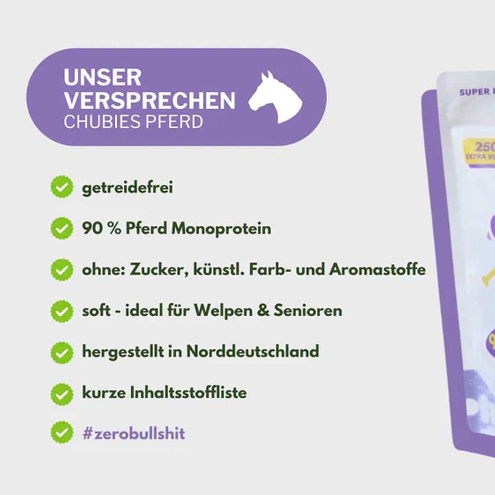 Infografik mit Produktinformationen: getreidefrei, 90% Pferd Monoprotein, ohne Zucker, hergestellt in Norddeutschland.