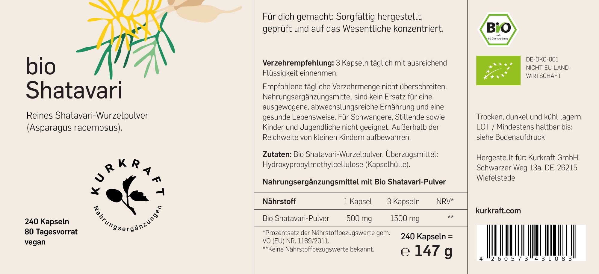 Etikett: Bio Shatavari, 240 Kapseln, vegan. Inhaltsstoffe, Verzehrempfehlung, Nährwertangaben, Bio-Siegel. Kurkraft Logo.