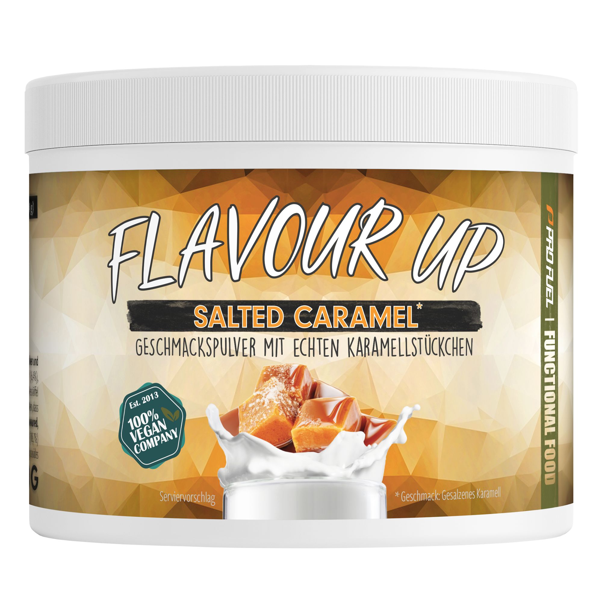 Weißes Produktglas mit Aufschrift FLAVOUR UP, Salted Caramel. Darunter Karamellstücke und Milchspritzer. 100% Vegan Company Logo.