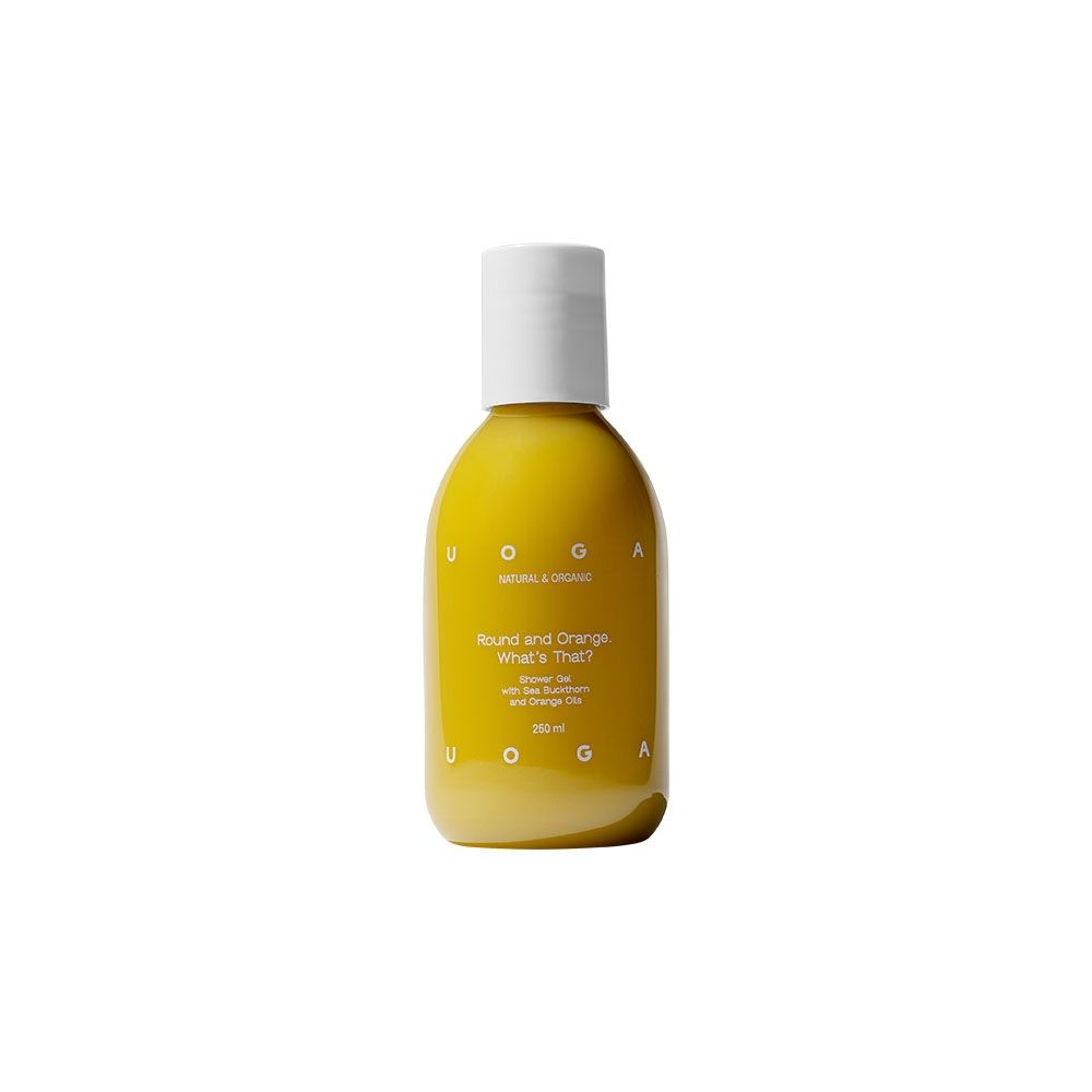 Gelbe Flasche mit weißem Deckel. Aufschrift: Round and Orange, What's That? UOGA UOGA NATURAL & ORGANIC.