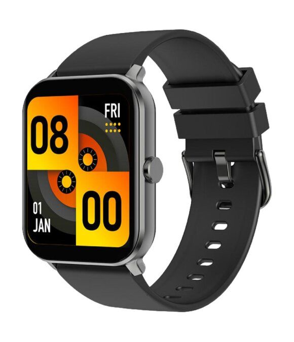 Schwarze Smartwatch mit quadratischem Zifferblatt. Zeigt Uhrzeit und Datum an. Schwarzes Armband mit silberner Schnalle.