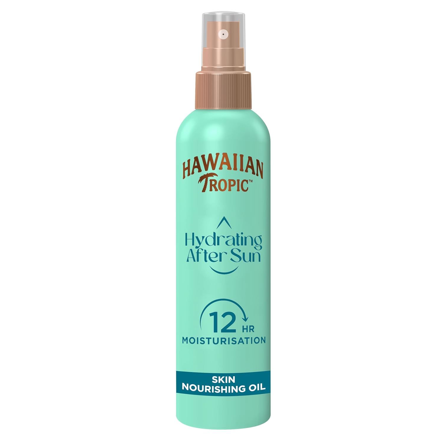 Türkisgrüne Sprühflasche mit braunem Deckel. Aufschrift: Hawaiian Tropic, Hydrating After Sun, 12hr Moisturisation, Skin Nourishing Oil.