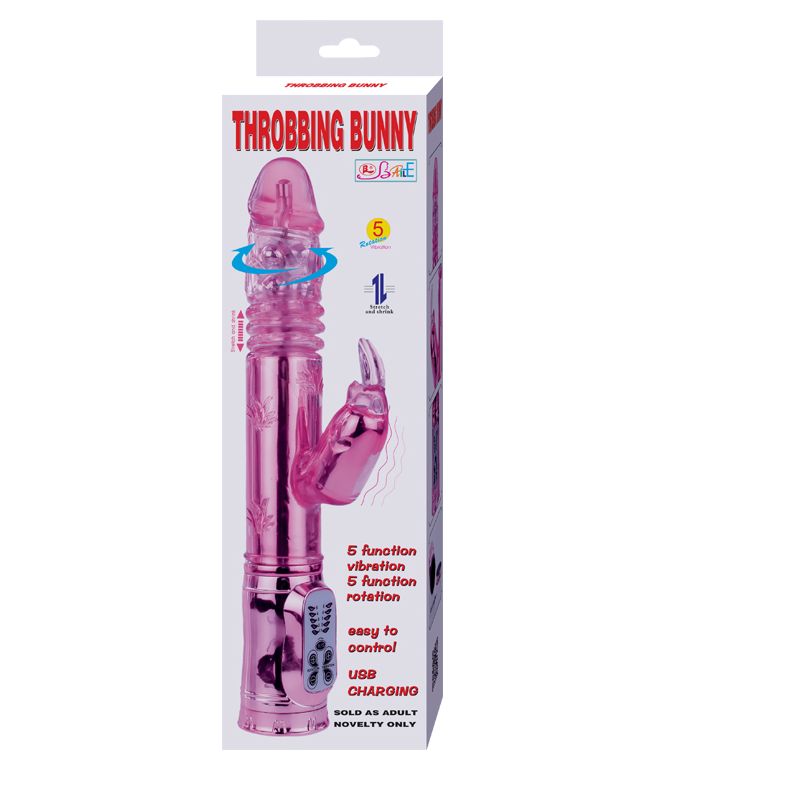 Pinkfarbener Vibrator mit Hasenohren-Aufsatz, in Verpackung. Aufschrift: THROBBING BUNNY, USB CHARGING, 5 Funktionen, Rotation.