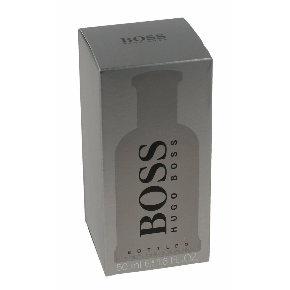 Verpackung von Hugo Boss Bottled Eau de Toilette Spray. Silberne Schachtel mit BOSS-Schriftzug und Flakon-Umriss.